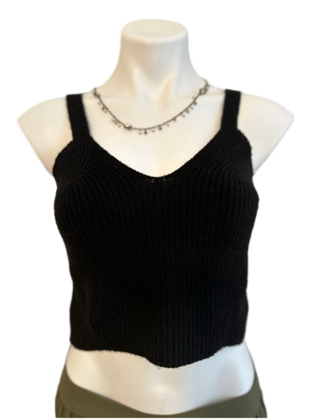 Black Knit V-Neck Crop Tank Top